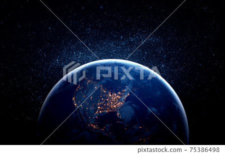 Planet earth globe view from space showing realistic earth surface and world map 75386498