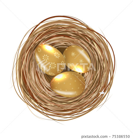 Easter Design Element Nest with Golden Eggs. Vector Illustration 75386550
