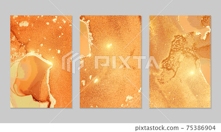 Set of backgrounds for banner, poster design with amber and golden marble pattern Set of backgrounds for banner, poster design with amber and golden marble pattern 75386904