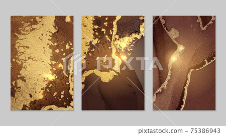 Set of backgrounds for banner, poster design with chocolate and fortuna gold marble pattern 75386943