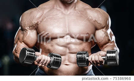 Brutal strong bodybuilder athletic men pumping up muscles with dumbbells. Brutal strong bodybuilder athletic men pumping up muscles with dumbbells. 75386968