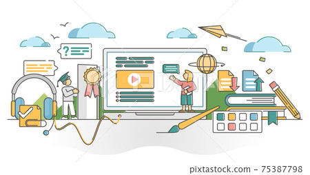 Online education with kids distant e-learning school lesson outline concept 75387798