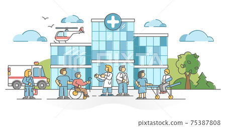 Hospital building for patient medical health emergency aid outline concept Hospital building for patient medical health emergency aid outline concept 75387808