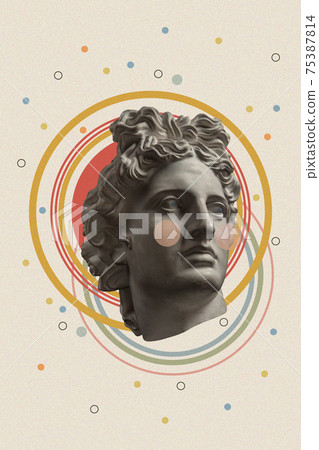 Art collage with antique sculpture of Apollo face and numbers, geometric shapes. Beauty, fashion and health theme. Science, research, discovery, technology concept. Zine culture. Pop art style. Art collage with antique sculpture of Apollo face and numbers, geometric shapes. Beauty, fashion and health theme. Science, research, discovery, technology concept. Zine culture. Pop art style. 75387814
