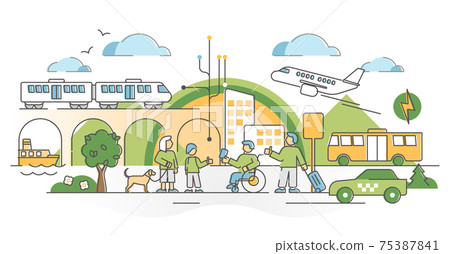 Public transport traffic in urban city with passengers scene outline concept 75387841