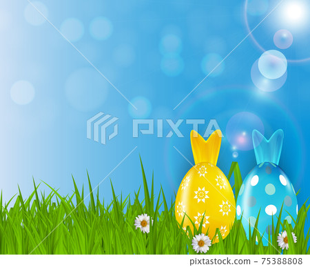 Easter poster template with 3d realistic eggs, grass and spring background. Template for advertising, poster, flyer, greeting card. Vector Illustration 75388808