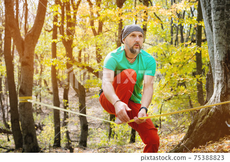 Portrait of a mature male highliner doing slackline balance training in the forest in autumn 75388823