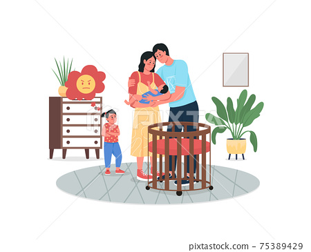 Girl jealous with parents' newborn baby flat... - Stock Illustration  [75389429] - PIXTA