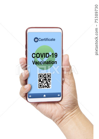 Hand holding smartphone shown covid-19 vaccination certification. Hand holding smartphone shown covid-19 vaccination certification. 75389730