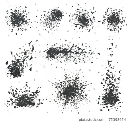 Abstract shattered elements. Explosion broken shapes, sharp edges bursts, triangular pieces texture. Geometric shapes burst vector illustration set Abstract shattered elements. Explosion broken shapes, sharp edges bursts, triangular pieces texture. Geometric shapes burst vector illustration set 75392654
