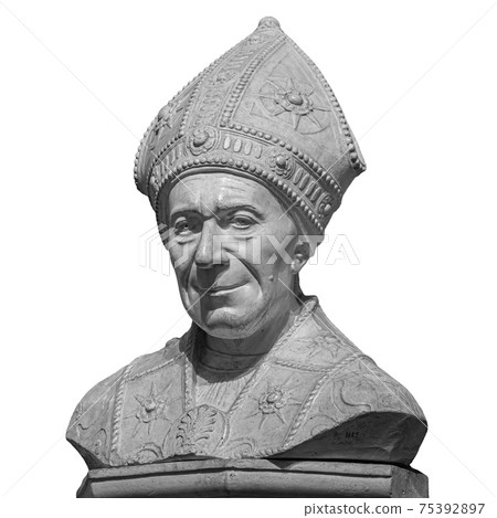 Marble statue of bishop SLeonardo Salutati isolated on white background, was a Roman Catholic prelate who served as Bishop of Fiesole 75392897
