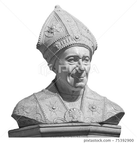 Marble statue of bishop SLeonardo Salutati isolated on white background, was a Roman Catholic prelate who served as Bishop of Fiesole 75392900