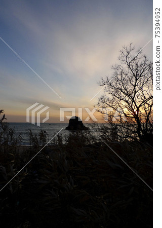 日本海的夕陽的天空[新潟縣村上市] 75394952