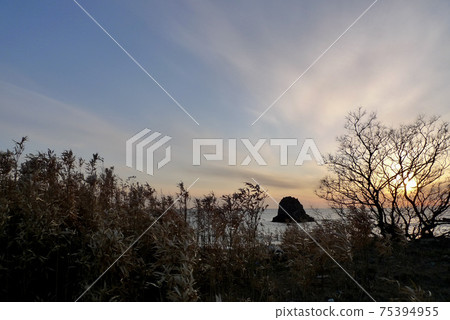 日本海的夕陽的天空[新潟縣村上市] 75394955