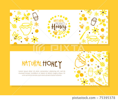 Honey Natural Product Banner Templates Set, Apiary and Beekeeping Organic Products Flyer, Poster, Card, Branding and Identity Concept Cartoon Vector Illustration 75395378