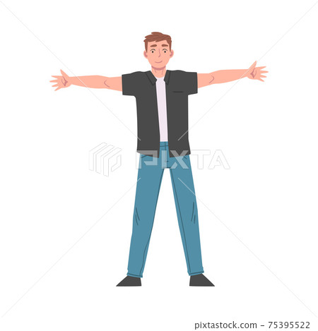 Cheerful Young Man Standing with his Arms Outstretched, Welcome, Solidarity, Friendship and Charity Concept Cartoon Style Vector Illustration Cheerful Young Man Standing with his Arms Outstretched, Welcome, Solidarity, Friendship and Charity Concept Cartoon Style Vector Illustration 75395522