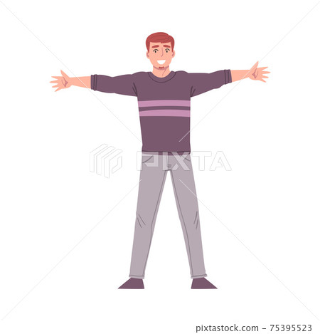 Smiling Young Man Standing with his Arms Outstretched, Welcome, Solidarity, Friendship and Charity Concept Cartoon Style Vector Illustration 75395523