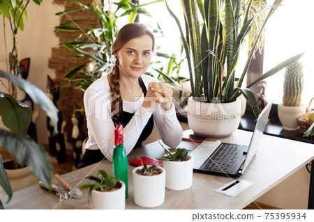 Portrait of a florist girl while working at a laptop in a flower shop. Small business, online business, online orders 75395934