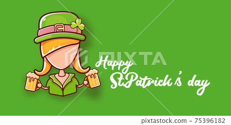 Saint Patrick girl holding beer isolated on horizontal green banner background. Happy st Patricks day banner or poster with redhead woman. Cartoon st Patrick girl line art icon Saint Patrick girl holding beer isolated on horizontal green banner background. Happy st Patricks day banner or poster with redhead woman. Cartoon st Patrick girl line art icon 75396182