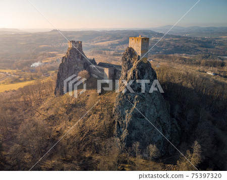 Trosky Castle in Bohemia paradise - Czech republic - aerial view - travel and architecture background 75397320