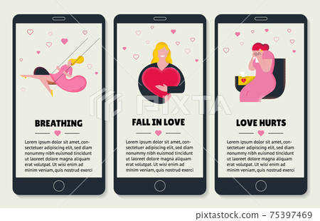Collection set of female illustrations for Valentines day. Flat cute design. Woman holding big red heart. Woman in pink dress swings. Woman with broken heart crying. Style template for web app. 75397469