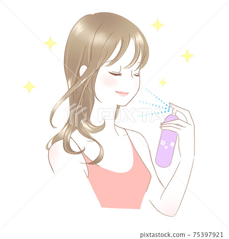 乳液霧的女人長長的頭髮粉紅色 75397921