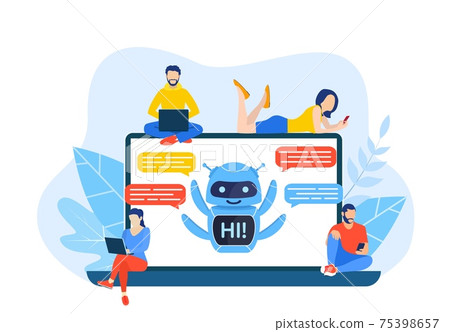 Talking to a chatbot online on laptop computer. 75398657