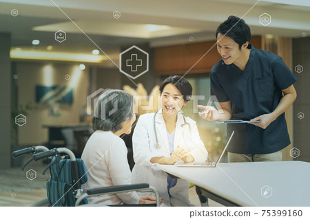 Nursing facility Female doctor Examination Senior doctor Wheelchair medical digital technology image 75399160