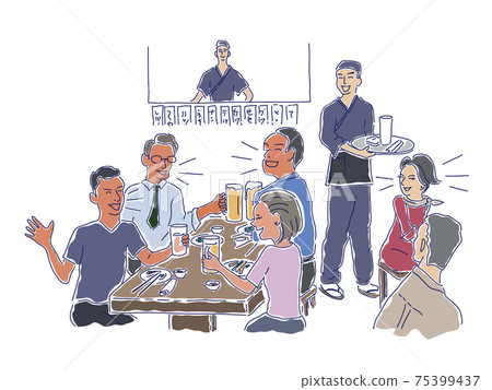 一群男人和女人在居酒屋享受喝酒聚會的插圖 插圖素材 圖庫