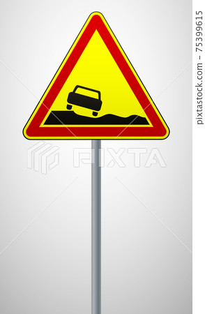 warning road sign dangerous roadside. triangular sign on a metal pole. traffic rules and safe driving. vector illustration. warning road sign dangerous roadside. triangular sign on a metal pole. traffic rules and safe driving. vector illustration. 75399615