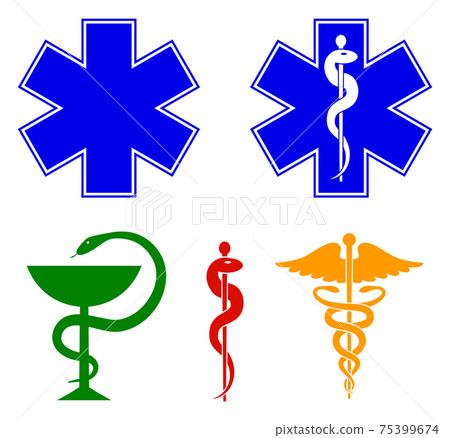 Medical international symbols set. Star of life, staff of Asclepius, caduceus, bowl with a snake. Vector 75399674
