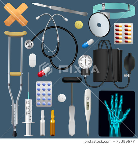Medical equipment tools and drugs set. Medicine traumatology surgery and first aid. Realistic detailed objects. Vector 75399677