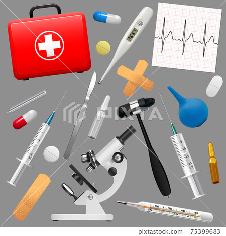 Set of medical instruments and preparations. First Aid Kit and its contents. Medicine and health. Vector 75399683