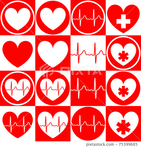 Set of medical emblems with the image of the heart, cardiogram, medical cross, star of life. Vector illustration 75399685