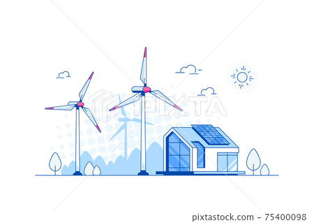 Modern House with Solar Panels and wind Turbines. 75400098