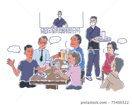 一群男人和女人在科羅納的一家小酒館靜靜地吃東西的插圖 75400322