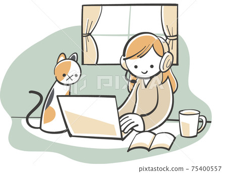 A woman doing remote work at home with a cat - Stock Illustration ...