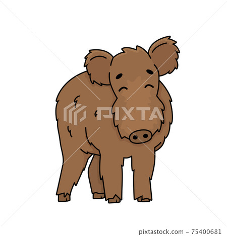 Brown cute fluffy Vector outline cartoon boar male wild pig. Doodle isolated illustration on white background. Front view, eyes are closed, animal is happy. 75400681