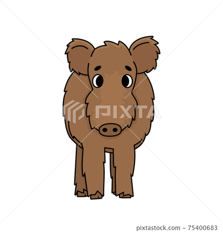 Brown Vector outline cute cartoon boar. Fluffy Animal stands, Front view. Doodle isolated illustration on white background. 75400683