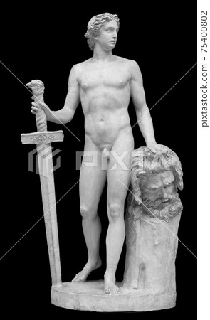David and Goliath head ancient statue. Biblical story. Antique sculpture isolated on black background David and Goliath head ancient statue. Biblical story. Antique sculpture isolated on black background 75400802