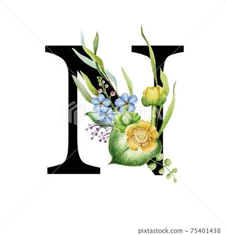 Floral spring alphabet. Capital letter N. Font... - Stock Illustration ...