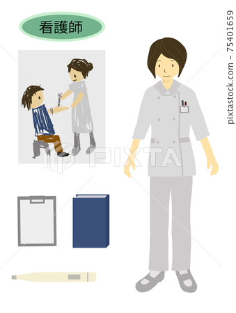 Longing profession: A set of nurse pictures and people, nursing files and thermometers, like a child's crayon drawing 75401659
