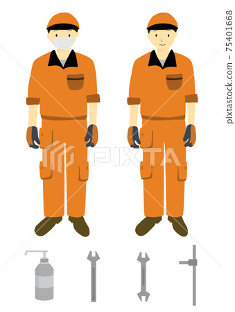 一套自動機械和維修工具 例如扳手和消毒泵 分為兩種類型 帶和不帶口罩 插圖素材 圖庫