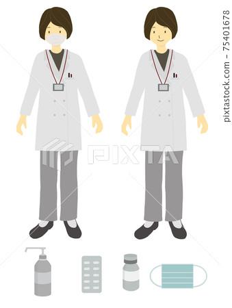 一整套藥劑師 藥品 口罩和消毒泵 分為兩種類型 帶和不帶口罩 插圖素材 圖庫