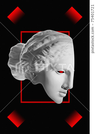 Collage with plaster antique sculpture of human face in a pop art style. Modern creative concept image with ancient statue head. Zine culture. Contemporary art poster. Funky minimalism. Retro design. 75401721