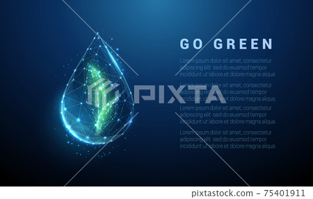 Falling drop of water with green leafs inside Falling drop of water with green leafs inside 75401911