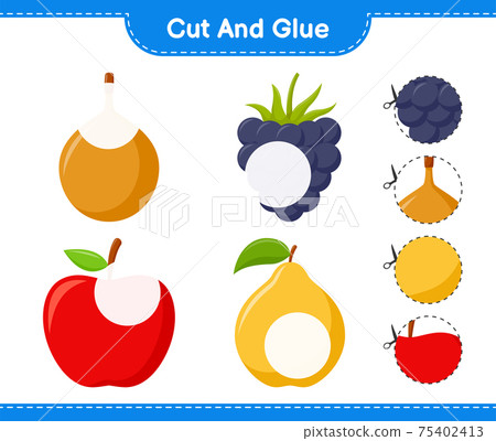 Cut and glue, cut parts of Fruits and glue them. Educational children game, printable worksheet, vector illustration 75402413