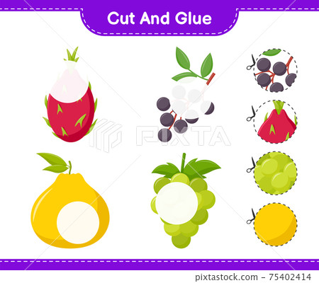 Cut and glue, cut parts of Fruits and glue them. Educational children game, printable worksheet, vector illustration 75402414