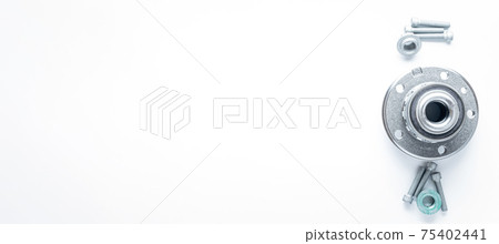 Accessories for cars. Set of new metal car part. Auto motor mechanic spare or automotive piece isolated on white banner background. Automobile engine service with space for text. 75402441