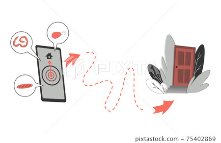 Contactless delivery concept illustration. Order delivery online with a smartphone application or website. Safe food delivery during COVID-19 quarantine Contactless delivery concept illustration. Order delivery online with a smartphone application or website. Safe food delivery during COVID-19 quarantine 75402869